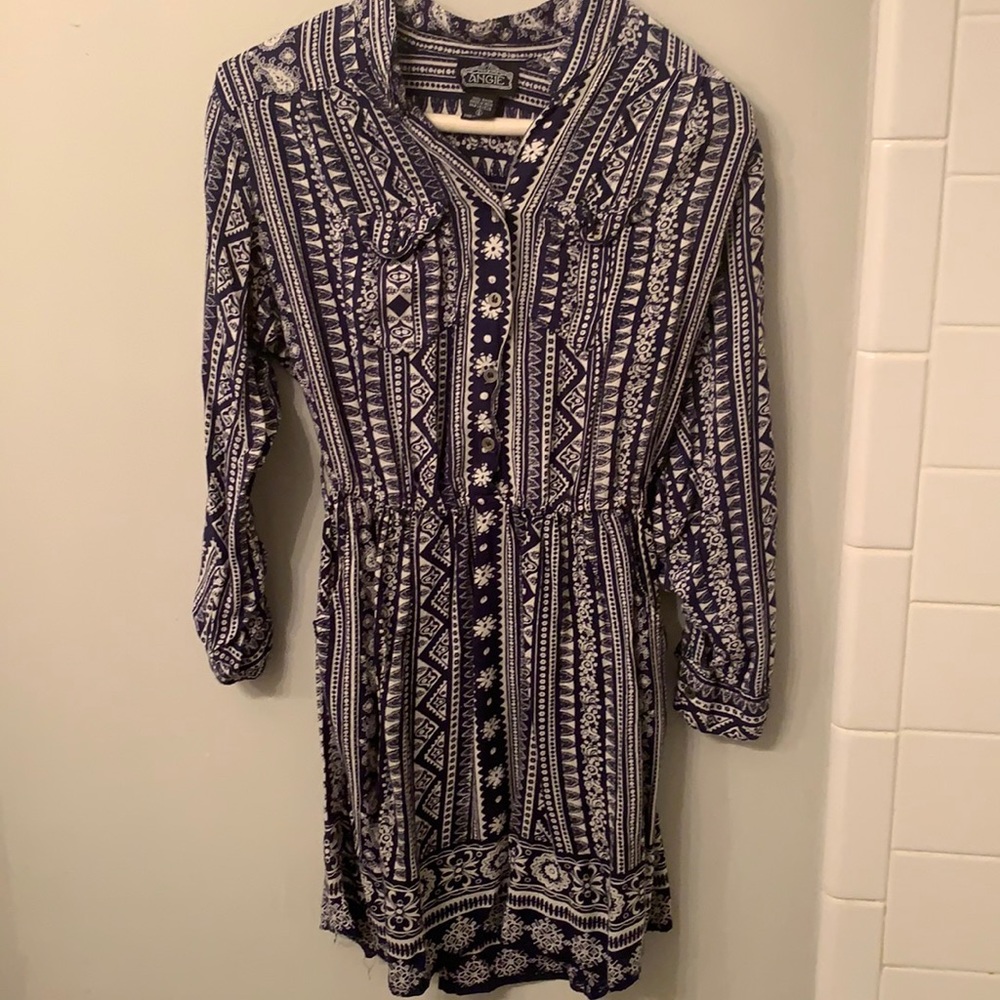 Angie patterned dress in navy blue and white, size small.